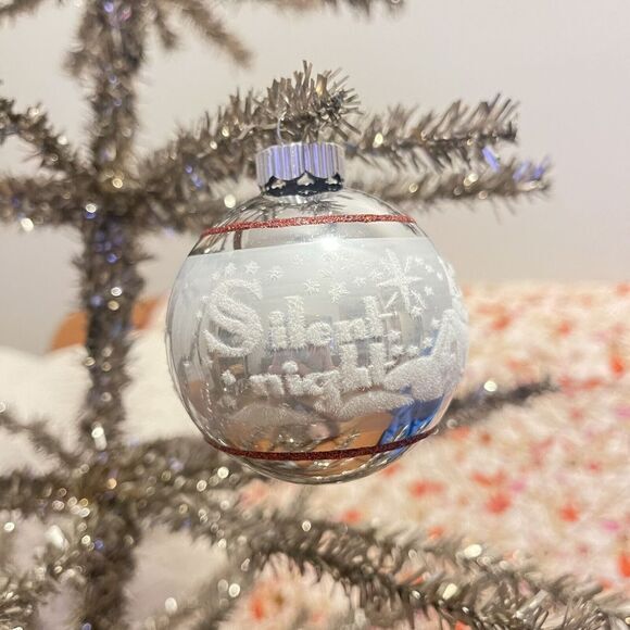 Radko Shiny Brite‎ Stenciled Flocked Ornament Silent Night Church Silver Red MCM - Picture 1 of 5